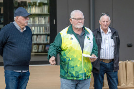 Dimboola Bowls Club representatives Peter O’Loughlin, Darryl Argall and Rob Clark welcome new residents to town.