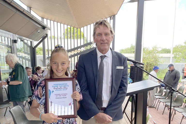 2024 Hindmarsh Young Citizen of the Year Award recipient Chelsea Elliot with Hindmarsh mayor Cr Brett Ireland.