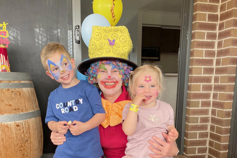 Sawyer Bibby 5 and sister Daisy 3, had a surprise at their recent birthday party with the appearance of Strawberry the Clown.