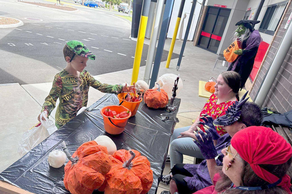 Jamie Mayes, 7, dressed up as a Zombie and called past Rural NorthWest Health.