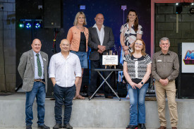 Hindmarsh Shire Council councillors Roger Aitken, Chan Uoy, Rosie Barker, Tony Clark and mayor Ron Ismay (middle back) with Dimboola Progress Association president Kaylene Pietsch (back left) and council CEO Monica Revell (back right).