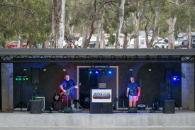 Tim Williams and Chris “Bunga” Hauselberger from Masters of the Tuniverse testing out the redeveloped soundshell as they entertain the crowd.