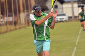 Horsham Lawn’s Graeme Wood hits from the baseline.