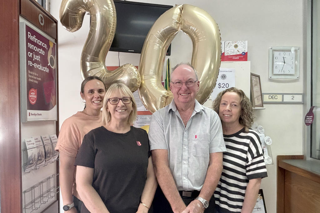 The friendly Bendigo Bank Dimboola staff: Kate Clark, Amanda Ingeme, Wayne Anderson and Raylene Britten. Melissa Howard is also a part of the team who was unable to attend the celebration.