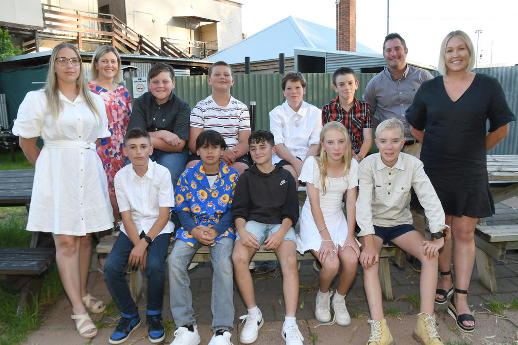 Warracknabeal Primary School's Year six graduating class of 2024. Back: Lauren Kellett (teacher), Cooper B, Lucas W, William D-K, Archie N and Chris Kellett (principal). Front: Jessica Laney (education support), Jaeden D, Breeze B-G, Maxim T, Ella P, Zac P and Tiffany McKenzie (teacher). Photo: DAVID WARD