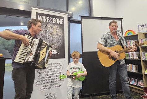 The Lazy Farmer’s Sons, Ben and Andy Gosling, were accompanied by Ben’s son Thomas on the ukulele as they played their song Wire and Bone at the launch of Colin King’s newest novel by the same name.