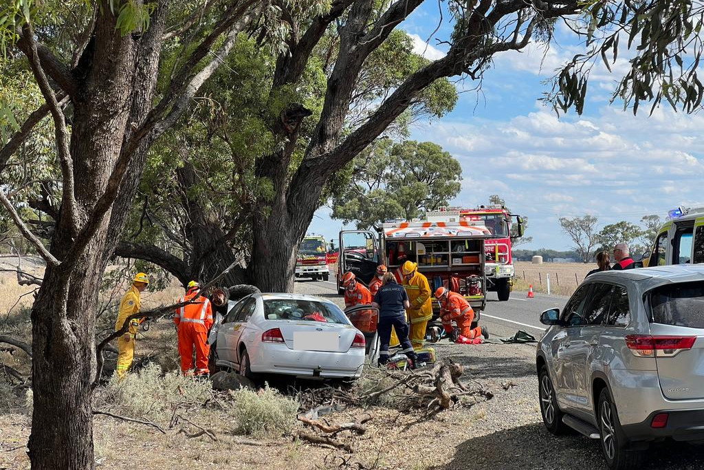 CFA units, alongside SES, Victoria Police, and Ambulance Victoria, attended a single-vehicle collision on Henty Highway north of Warracknabeal later on Monday afternoon. Photo: TAYYAAB MASROOR