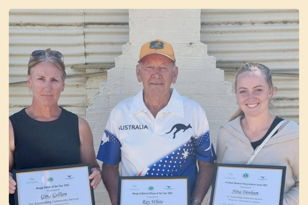 Minyip Citizen of the Year Gina Gellion, Minyip & District Citizen of the year Ray White, and Pat Walsh Young Achiever Nina Denham.