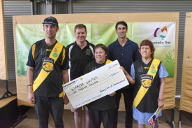 Wimmera Wippets receiving their check. L-R: Callum Barnes, Matt Jolly, Merryn Baxter, Matt Rosa and Lisa Ryan.
