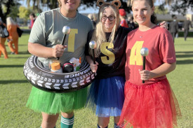 Hugo Hopper, Jazmyn Hughes and Bailee Norton dress up as Alvin and the Chipmunks for their last Swimming Sports. Photo: EMILY FRIEDRICHSEN