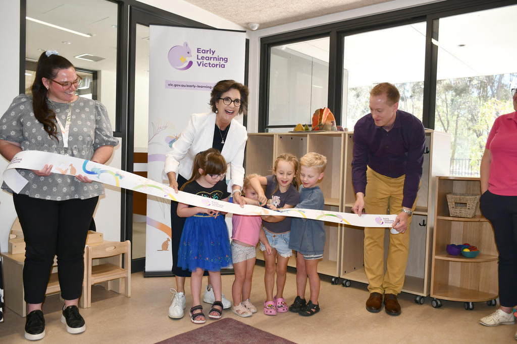 Member for Western Victoria Jacinta Ermacora shares a joyful moment with local children at Early Learning Victoria Bani Walup after cutting the ribbon to officially open Murtoa's first government owned and operated childcare centre. The new facility promises a bright future for local families, offering quality early learning and care in the heart of the community. Centre's director Carissa Fraser (left) and Early learning Victoria CEO Darren Youngs (right) were also present during the celebration. Photo: TAYYAAB MASROOR