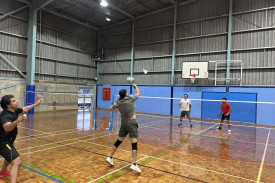 A-Grade players Tomy Abraham and Jerin Steephan Mekkara showcasing their skills on the court against Avin James and Subin Mathews. Photo: TAYYAAB MASROOR