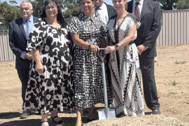 Bernie O’Connor, Yarriambiack Shire mayor Kylie Zanker, Senator Jana Stewart, Woodbine CEO Jason Minter, Member for Lowan Emma Kealy MP and Woodbine president Ian Penny at the site of 50 Craig Avenue.