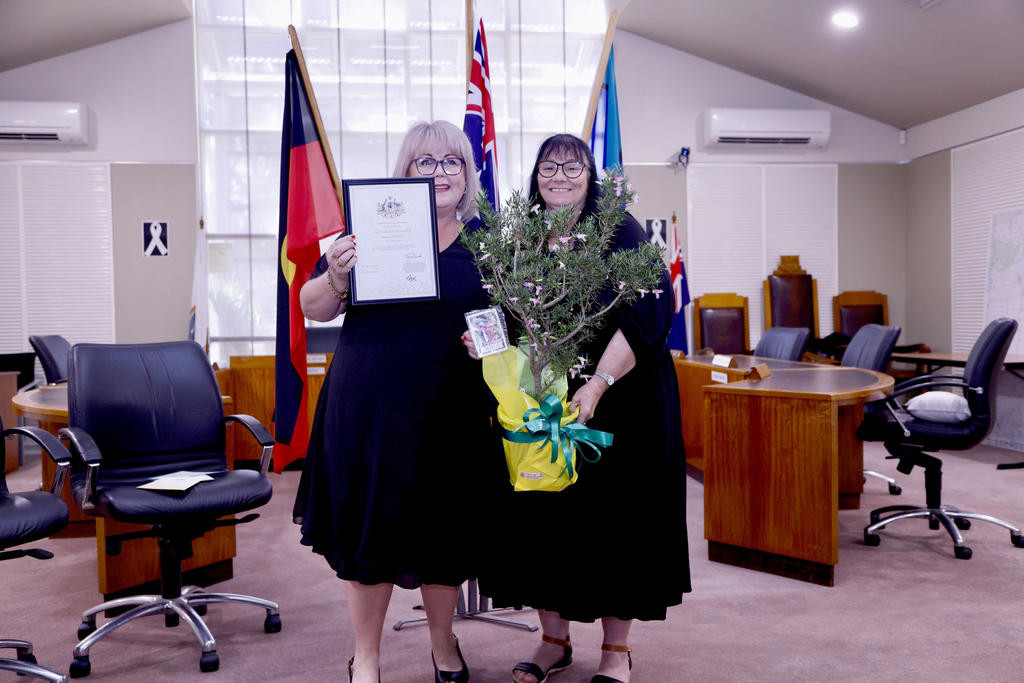 Paula Connell holds her official citizenship certificate with Yarriambiack Shire mayor Kylie Zanker.