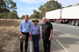 Member for Wannon Dan Tehan, Deputy Liberal Leader Susan Ley and former Northern Grampians Mayor Kevin Erwin want action to get the duplication of the Western Highway between Buangor and Stawell restarted. Photo: CRAIG WILSON