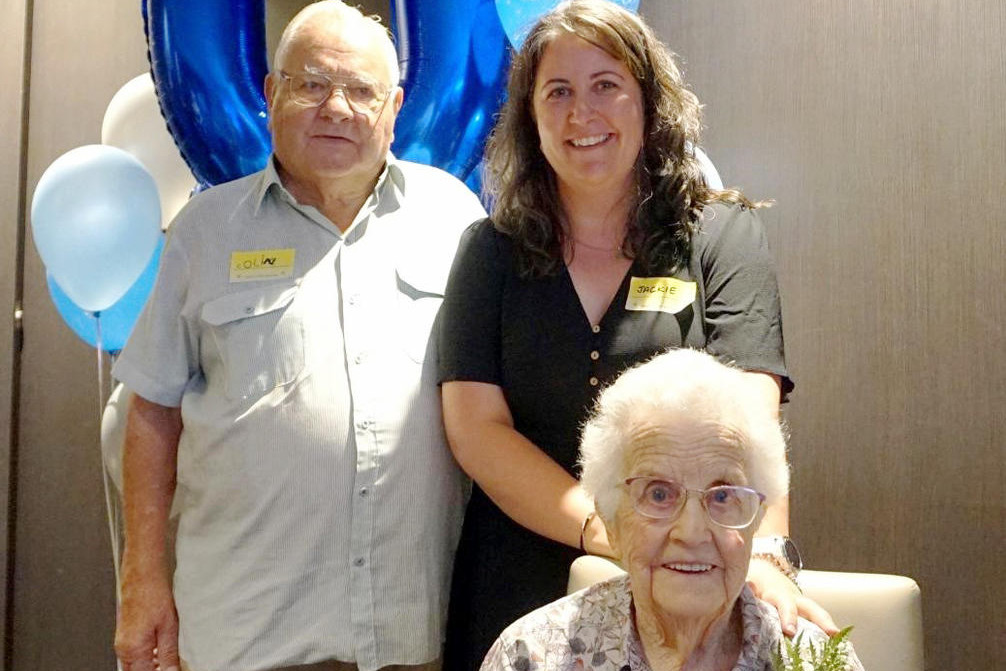 It was a busy day for Jackie Exell, right, celebrating Colin Thomas, leftt, her maternal grandfather's 95th birthday while also marking Hazel Exell, seated, 100th birthday.