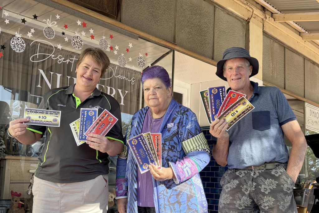 Dimboola Lions Club's Dimboola Dollars has begun with a wide range of retailers participating in the initiative to encourage people to spend local after the Little Desert fire. Pictured with some of the currency is Desert Blooms Nursery owner Michelle Danisch, left, Dimboola Lions secretary Jan John and Dimboola Lions president Rod McKenzie.