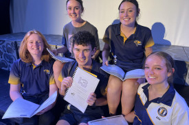 Some of Horsham College’s leading cast members of ‘13’: (Back) Annabelle Gregor (Kendra) and Violet McGennisken (Lucy), and (front) Orlan Hart (Archie), Henry Overman (Evan) and Ella Llyod (Patrice). Photo: EMILY FRIEDRICHSEN