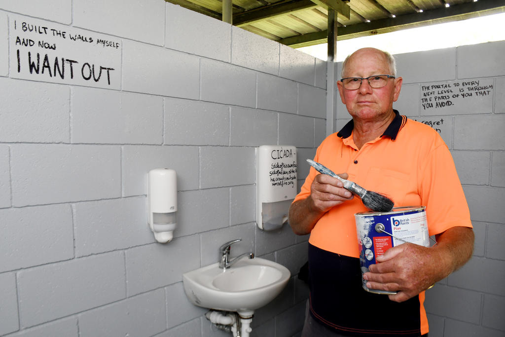 Warracknabeal Lions Club president Maurie Parsons in the amenities block with the graffiti, which has now been cleaned up. Photo: CAITLIN MENADUE