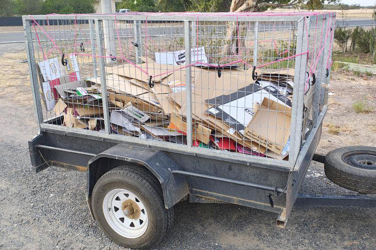 The cardboard haul dispensed at the Minyip recycling facility last week.