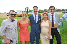 Joel Thompson, left, Kahla Cook, Patrick Gerke, and Lauren and Adam Dres made the journey from Geelong to spend the long weekend in Warracknabeal. Photo: BEN FRASER