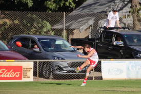 Ethan Summers unleashes a shot on goal from the boundary.
