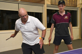 New player, Trevor Heymer has his eye on the ball for a return with Charlie Martin during a ‘come and try’ night at Brim on Monday night.