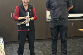 Lesley Robinson with West Wimmera Health Service CEO Ritchie Dodds at her farewell ceremony last Friday in Nhill.