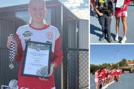 Round one winner of the Wimmera Football Netball League Blue Ribbon Foundation Spirit of Netball award, Ararat 17 & under netballer Bridie Price, receives her award from Horsham Blue Ribbon Foundation member Les Power at Alexandra Oval netball courts on Good Friday morning.