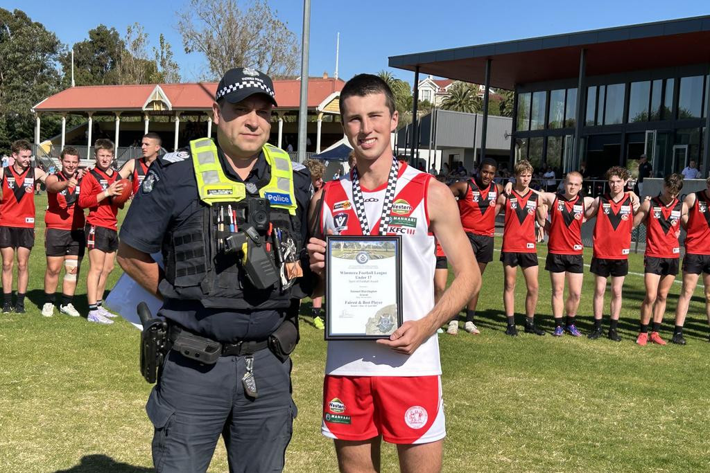 Round one winner Samuel Harrington receives the Spirit of Football award for the 2025 Wimmera Football Netball League. The Ararat under 17 footballer is presented with his award by Ararat police officer Senior Sergeant Liam McMahon before the game at Alexandra Oval on Good Friday.