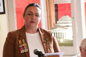 Brim Anzac Committee member Colleen McPherson addresses service attendees.