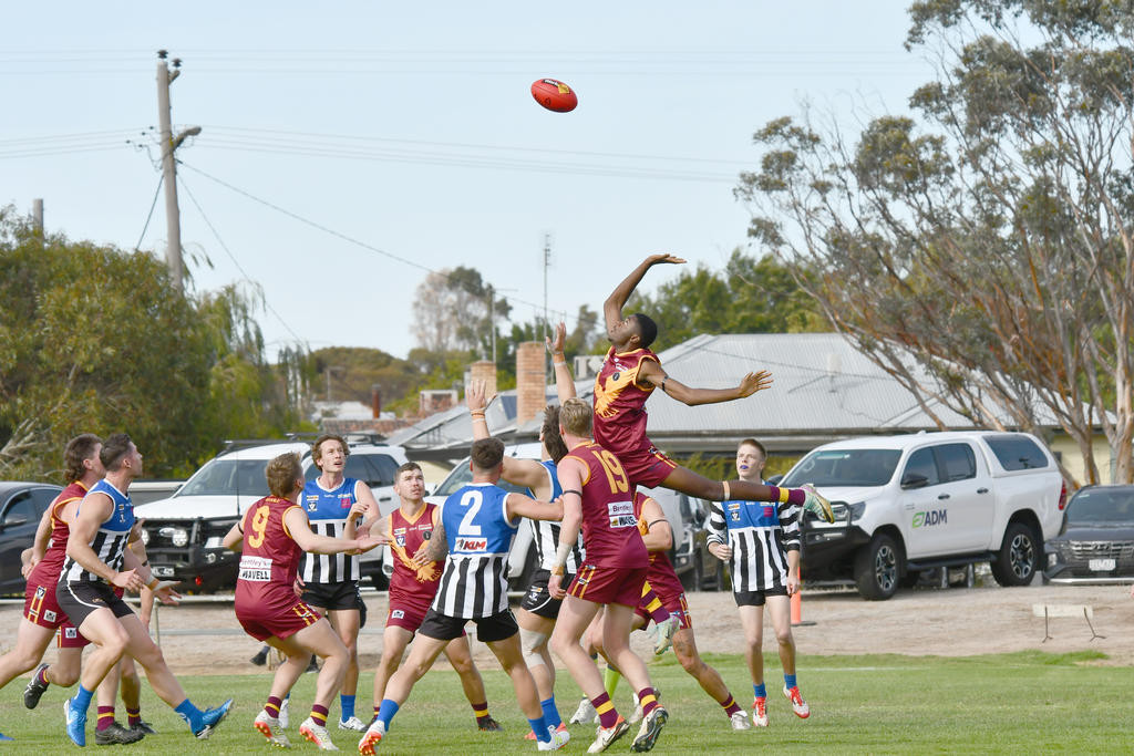 The Eagles' Sem Kuzamba was in full flight to win the tap during the game on Saturday.