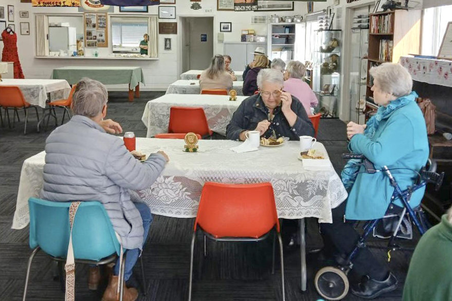Ann Falkingham, Rhonda Huf and Gladys Schwarz enjoy their morning tea.