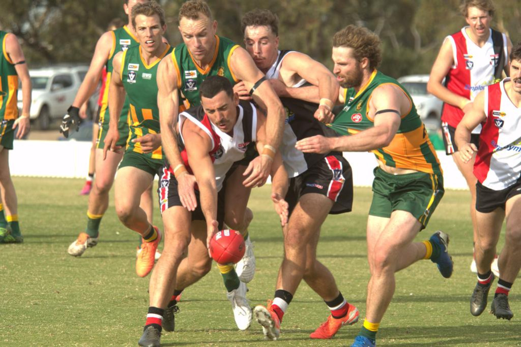 Dimboola players Andrew Moore and Dylan Landt, pictured here in the contest last week, have been outstanding for their side so far this season.
