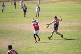 Grampians Giants’ Charlie Blake kicks for goal.