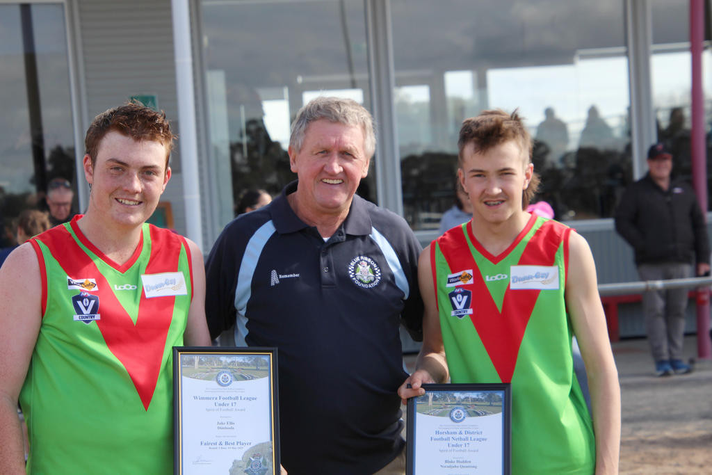 Les Power congratulates the two Noradjuha Quantong winners, Blake Hadden and Jake Ellis, during their presentations on Saturday.