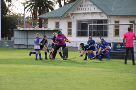 The Yanac and Kaniva players fight out a penalty corner in front of the iconic Molly Taylor Memorial Kiosk at Anzac Park in Warracknabeal.