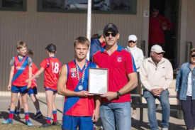 The Round Four winner of the Spirit of Football award for the 2025 Horsham District Football Netball League - Kalkee U/17 footballer Dylan Seymour, receiving his award from Horsham Police Officer D/L/S/C Dave Richardson.