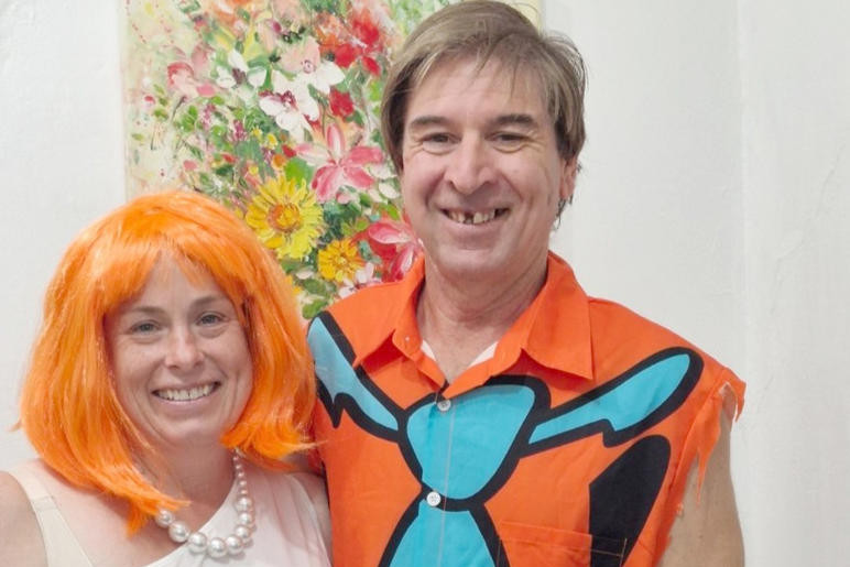 Zoe and Steve dressed up as Wilma and Fred Flintstone during the Drive to Survive fundraiser for the Fiona Elsey Cancer Research Institute.