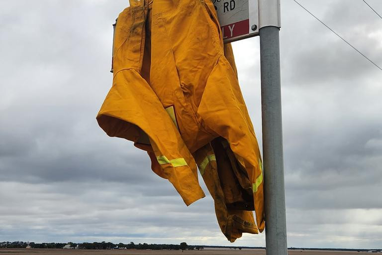 A CFA jacket hangs on a street sign near Pimpinio in protest of the new levy