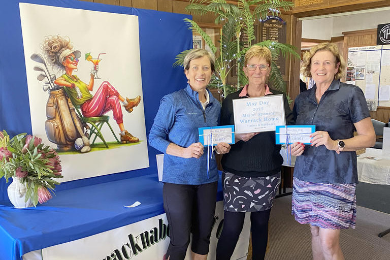 Sponsor Wendy Hewitt congratulates scratch event winners Sue Sanford and Julie Bayles (right).