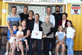 Wavell and Shirley McPherson celebrate with part of their family after Wavell received a Vic Country Veterans Cricket Club life membership.
