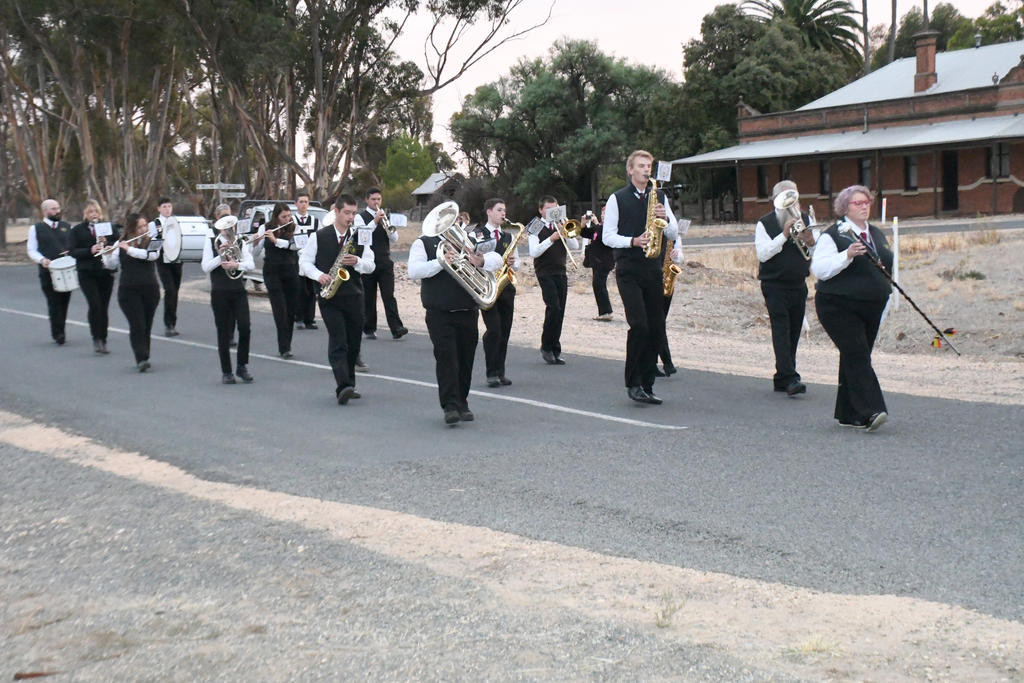Warracknabeal and District Brass Band plays during the march in Sheep Hills. Photos: DAVID WARD