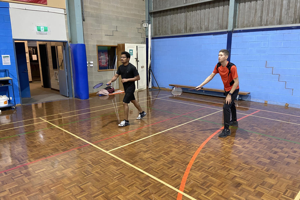 A graders, Subin Mathew's and Daniel Aitken in action during round 4 of the Horsham Badminton Association’s Winter Competition.