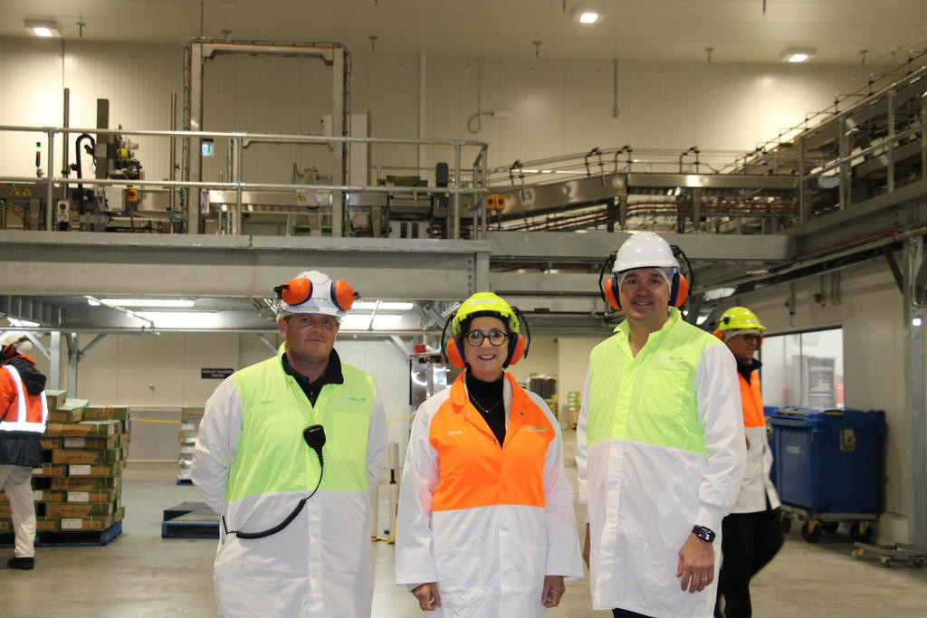 Thomas Foods Production Manager Adam Reynolds, Member for Western Victoria Jacinta Ermacora and Chief Operating Officer Tom Davies at the official opening of new addition to Stawell’s Thomas Foods International.