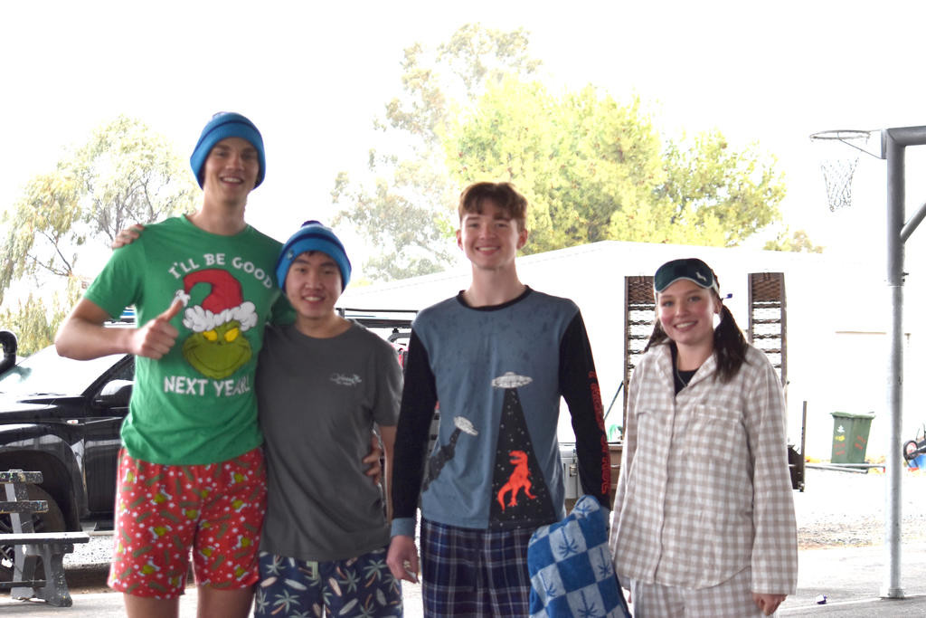 Warracknabeal Secondary College school captains Cody Polack and Fionn Kamkhuntod, with vice captains Joshua Hutchinson and Kalarni Rowe shed a smile before they freeze. Photos: KEEDIE WARDLE