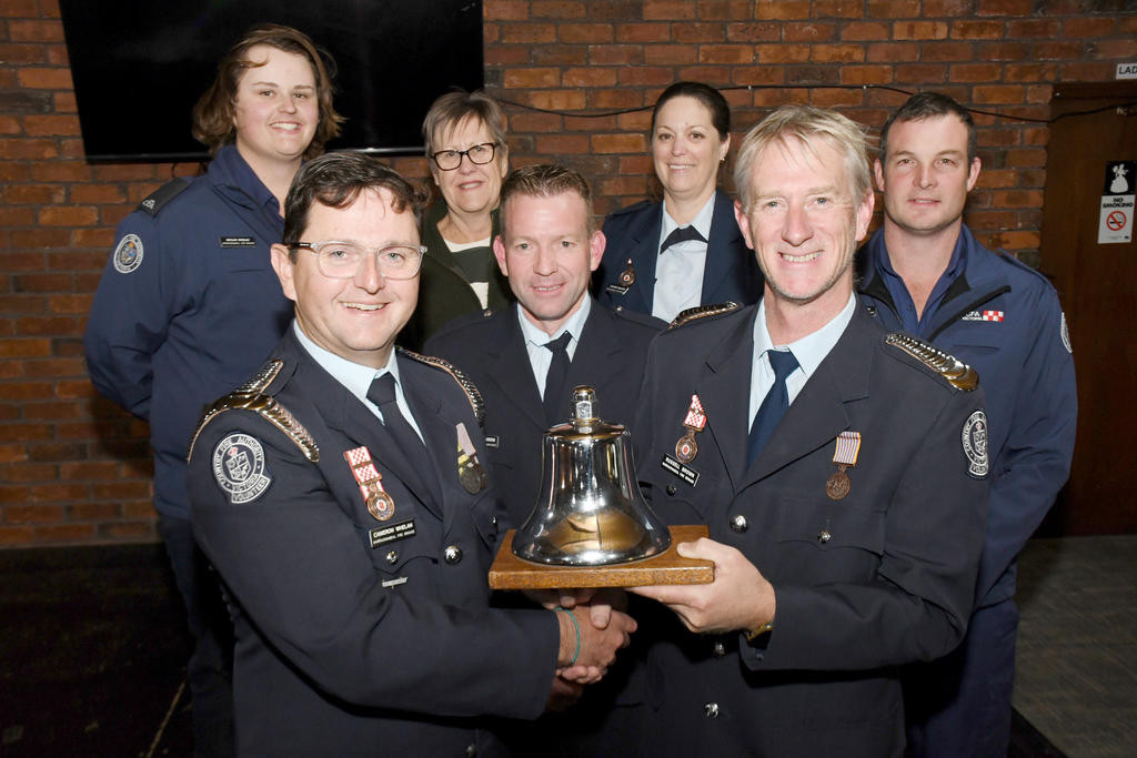 Warracknabeal Fire Brigade Captain Cameron Whelan (front left) will pass on his position to Russell Brown (front right) from July 1. Pictured with them is the Brigade Management Team: 3rd Lieutenant Clinton Jonasson (front middle), (back) 4th Lieutenant Declan Whelan, treasurer Kerrie Baxter, secretary Sharon Brown and 1st Lieutenant James Haworth. Photo: DAVID WARD