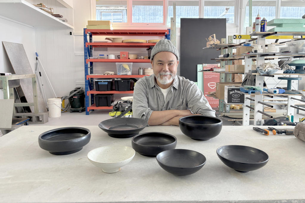 Dimboola Pottery owner George Khut with some of his tableware.