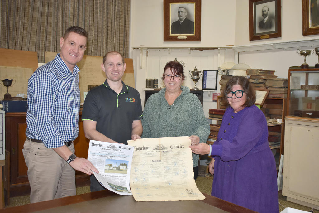 Wimmera Mallee News general manager Clint King, left, managing director Andrew Ward with Hopetoun Courier editor Lisa Magee and chairperson Jenn Stephens.