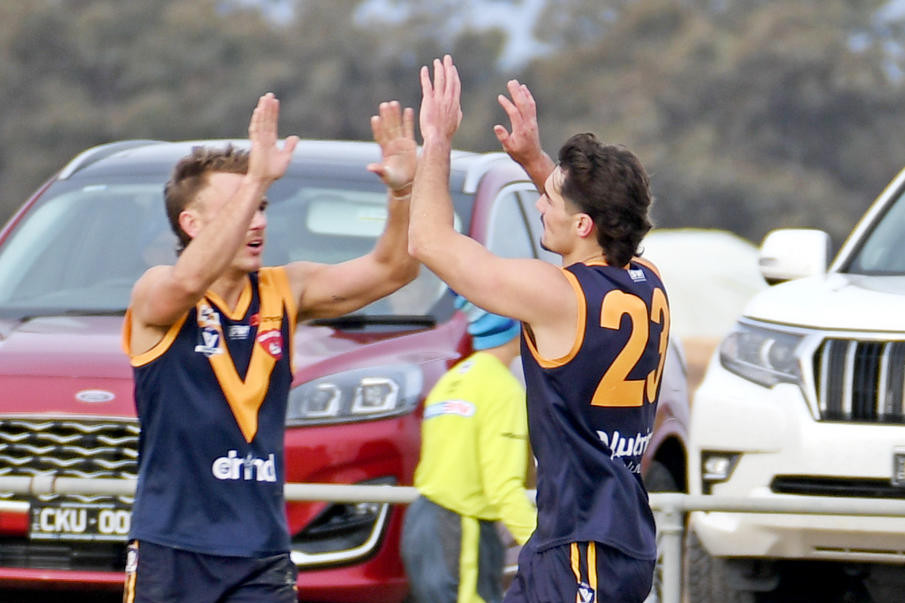 Petros Politis (right) celebrates after kicking Nhill's first goal of the game. Politis would kick three goals in the Tigers' come from behind win against Minyip Murtoa.